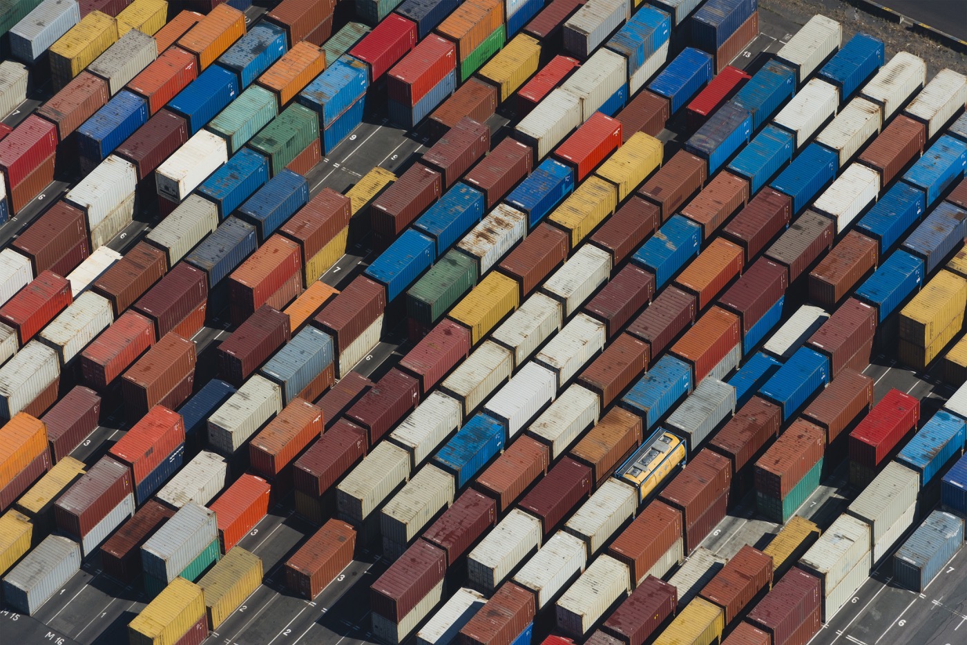 Aerial view of multi-colored shipping containers